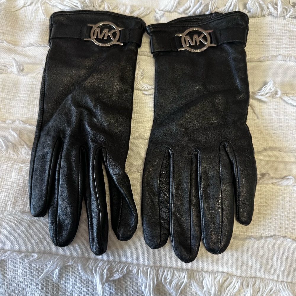 Michael Kors Black Leather Gloves with Silver Logo